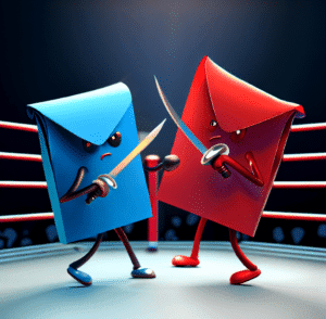two envelopes fighting with swords in a boxing ring. one is red and one is blue