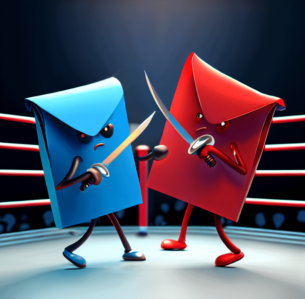 two envelopes fighting with swords in a boxing ring. one is red and one is blue