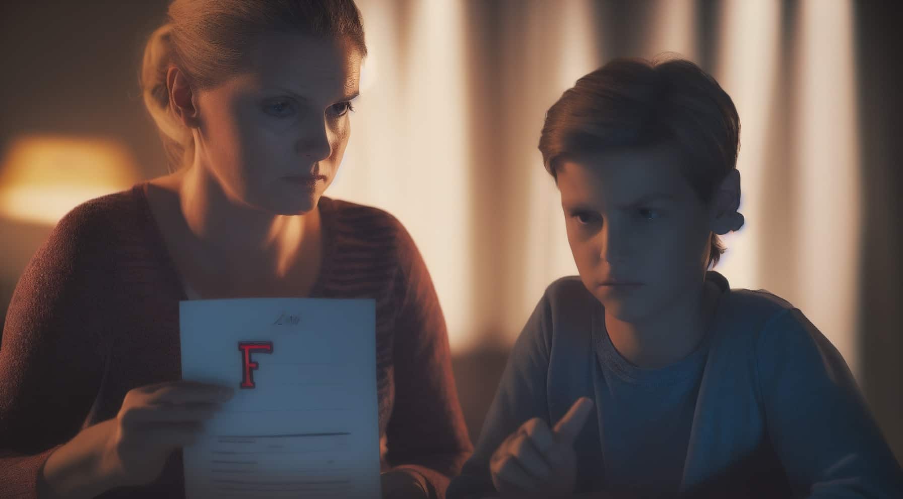 A high-resolution, photorealistic digital art piece depicting a mom, their expression filled with disappointment and concern, confronting their child