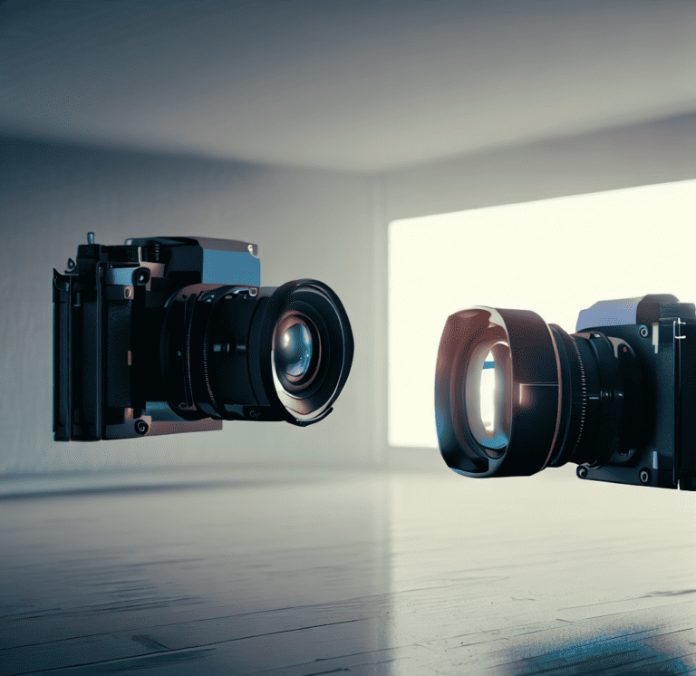 a camera taking a picture of another camera in an empty room, digital art 4k