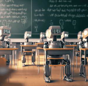 a class of robots taking an exam in a school classroom as 4k digital art