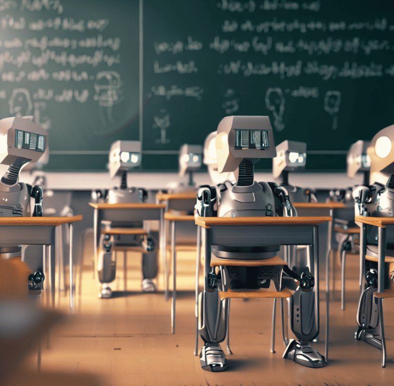 a class of robots taking an exam in a school classroom as 4k digital art