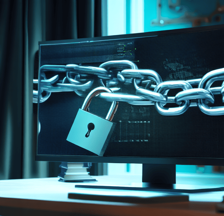 a computer monitor with a chained lock sitting on a desk in a bedroom as 4k digital art