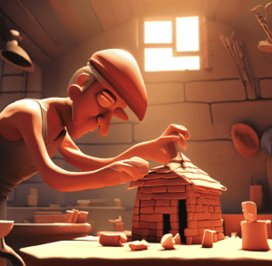 a man building a house out of clay, looks like cartoon, 4k digital art