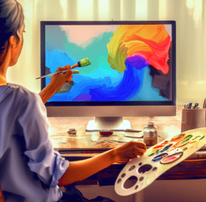 a painter sitting at a desk with a computer monitor in front of her. she is painting the computer monitor screen off a palette that's in hand. as digi