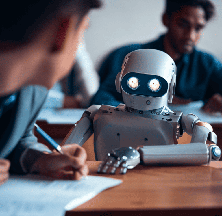 a robot looking over another students desk to cheat while taking an exam in a classroom setting