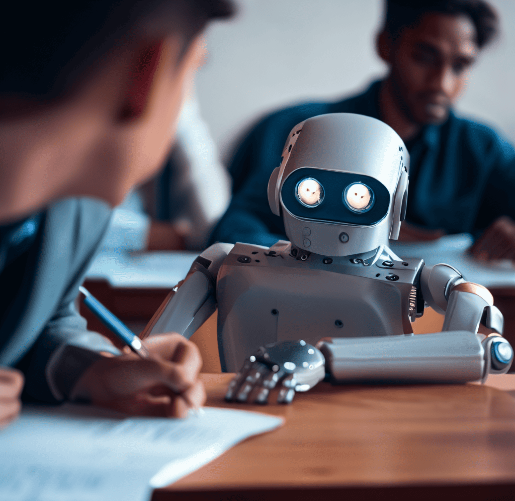 a robot looking over another students desk to cheat while taking an exam in a classroom setting