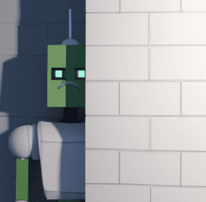 a robot poorly trying to hide behind a wall but doing sticking out, funny 4k photorealistic art