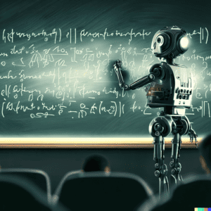 a robot professor writing on a chalkboard in front of a big lecture as 4k digital art