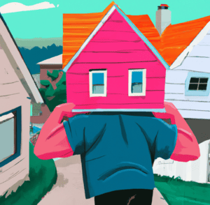 a strong man picking up a colorful neighborhood house on his back as 4k digital art