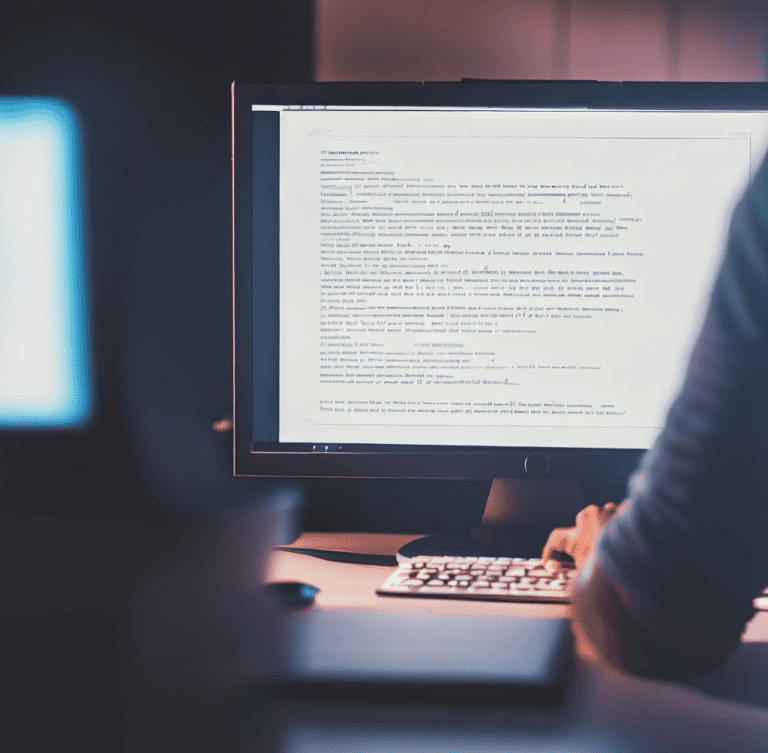 a view of a person typing a document on a computer, taken from behind them with the person and computer in front