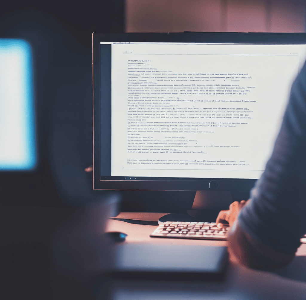 a view of a person typing a document on a computer, taken from behind them with the person and computer in front