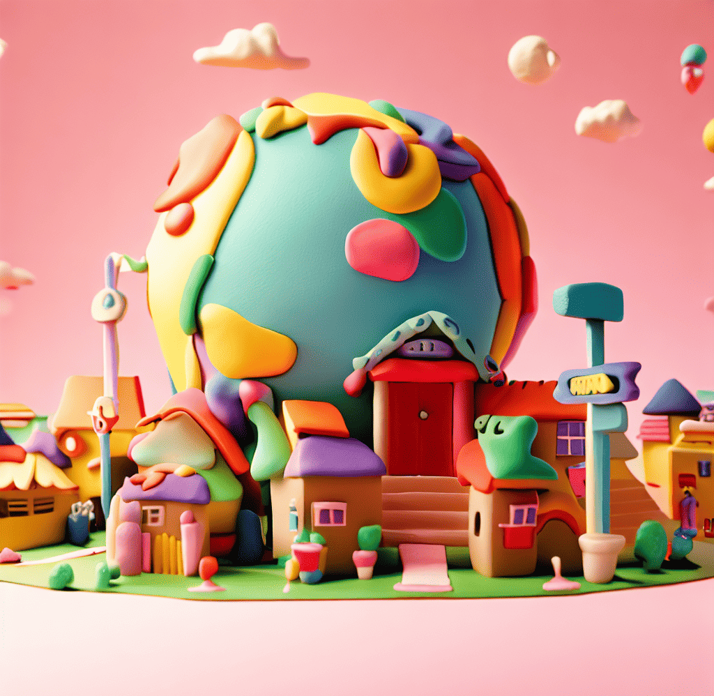 a world made of colorful clay, showcasing a house and mailbox as taken from in front of the house