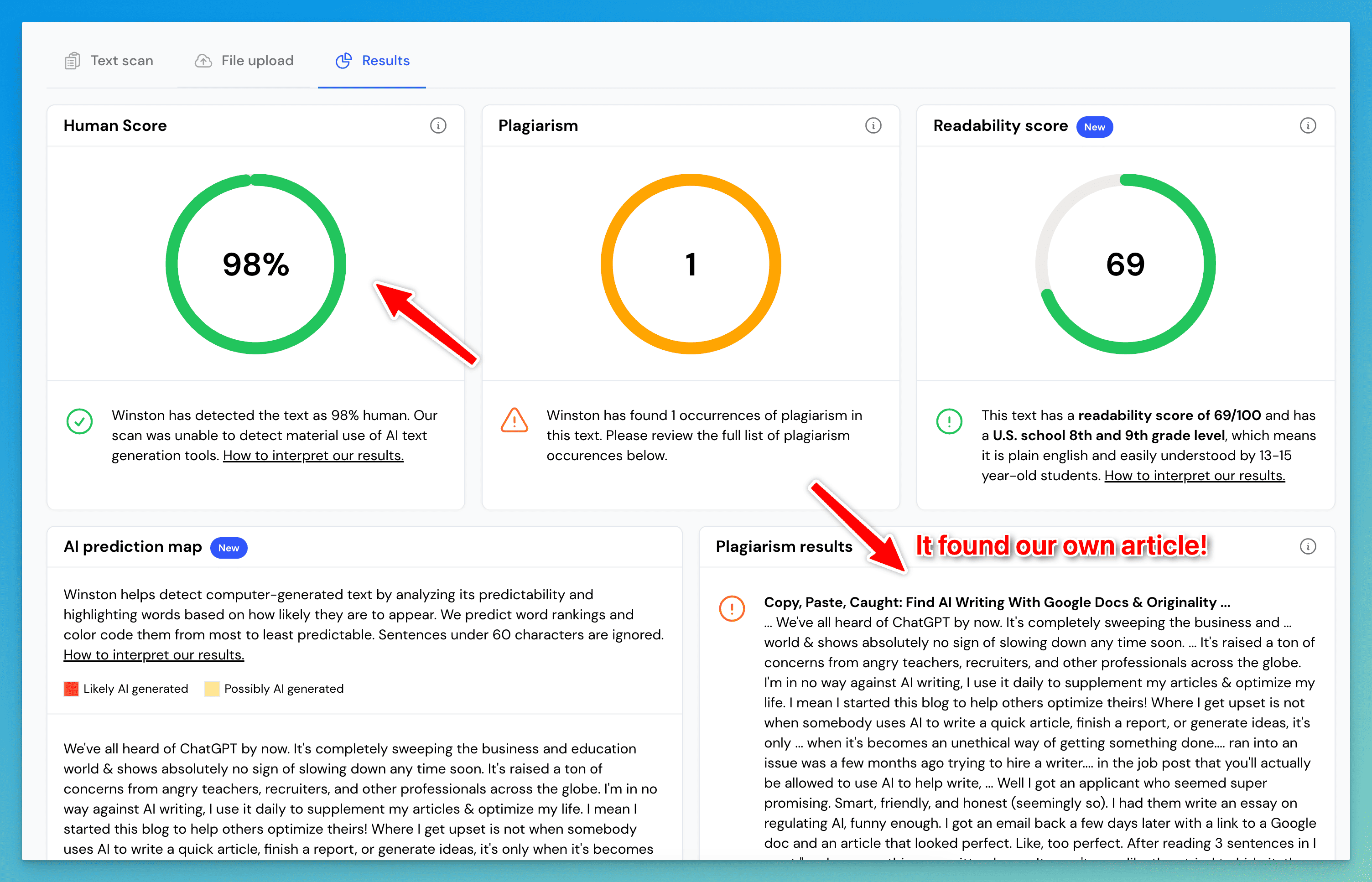 Winston AI dashboard showing student writing as being human-written, plagiarized, and at an 8th grade reading level.