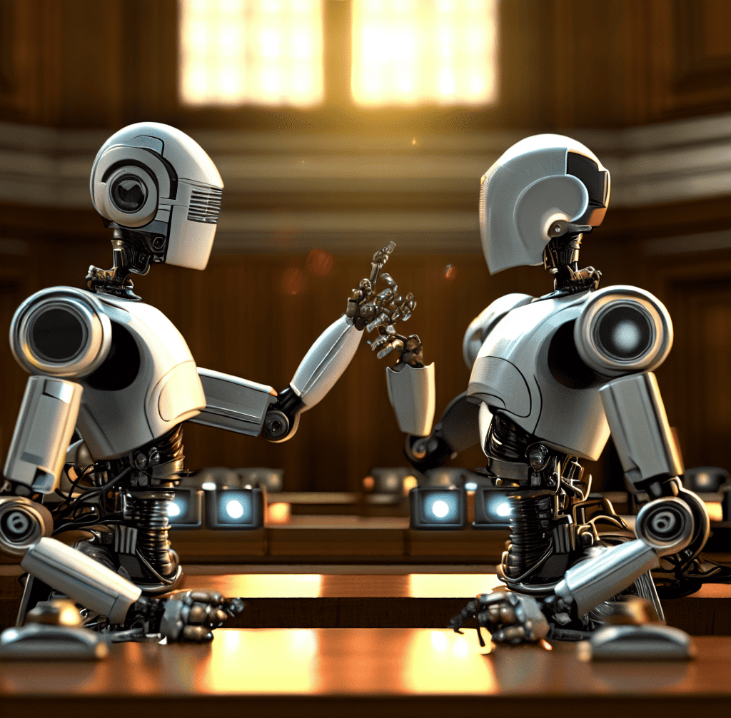 two robots arguing in a courtroom as 4k digital art