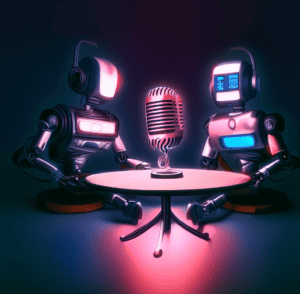 two robots sitting around a table recording a podcast, with a microphone sitting in between them, digital art