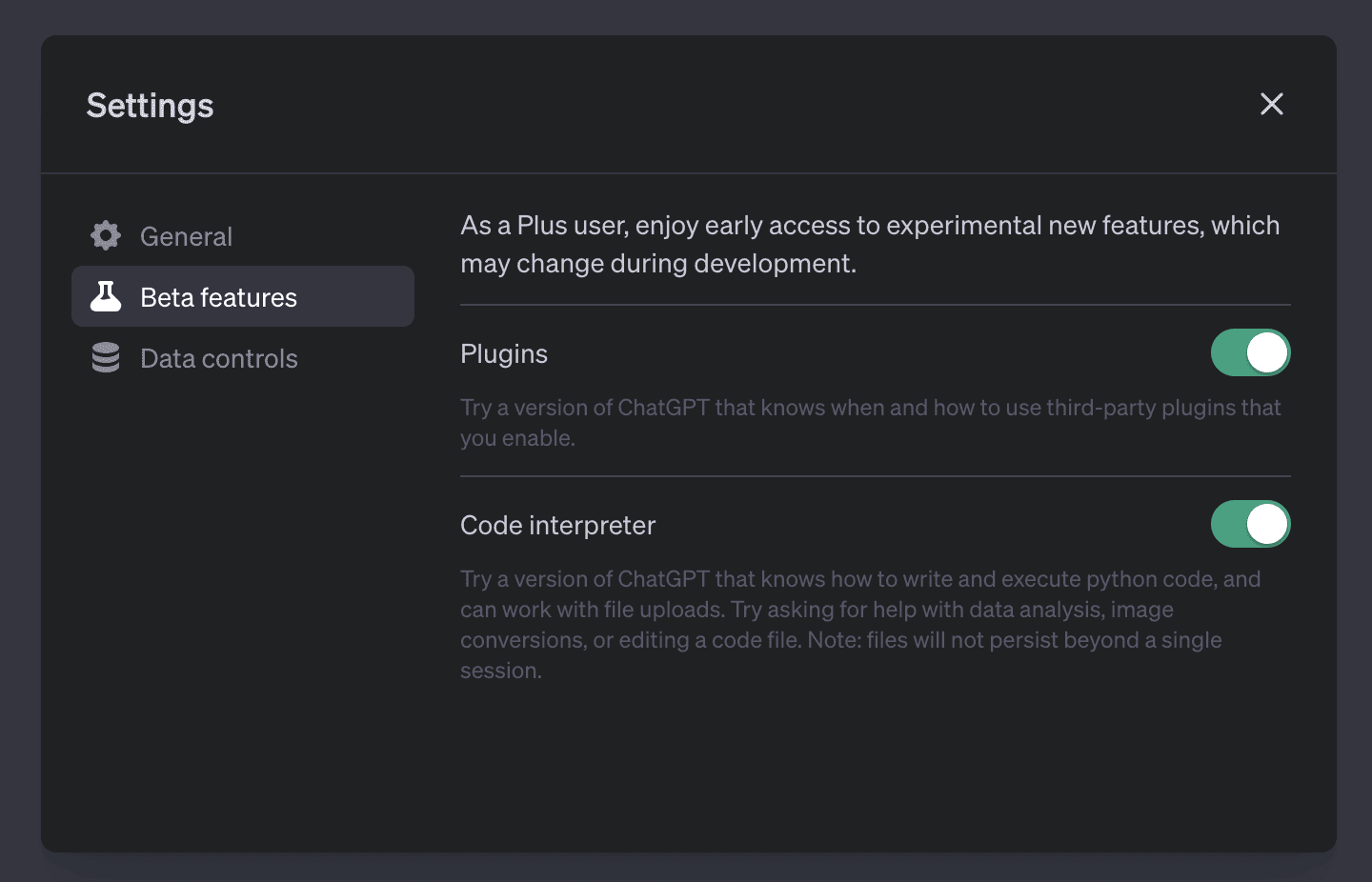 ChatGPT Settings showing Code Interpreter feature