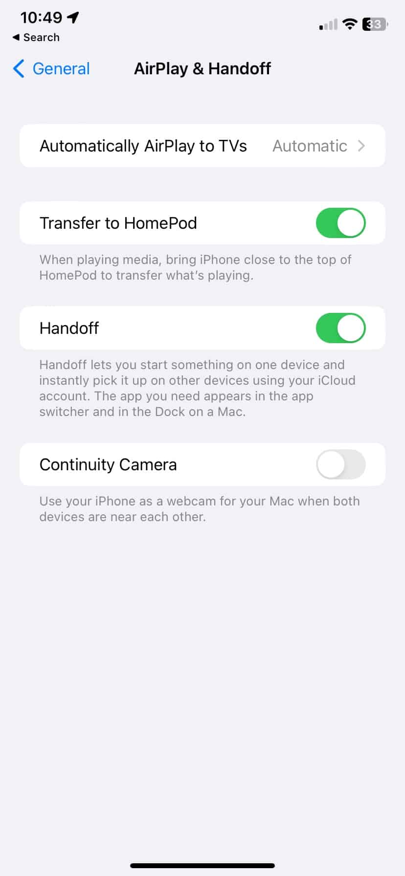 Turn Off Continuity Camera iPhone on AirPlay & Handoff Settings
