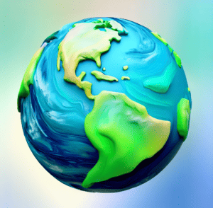 a colorful blue and green realistic earth made of clay showing north and south america, with a light blue sky background, 4k digital art