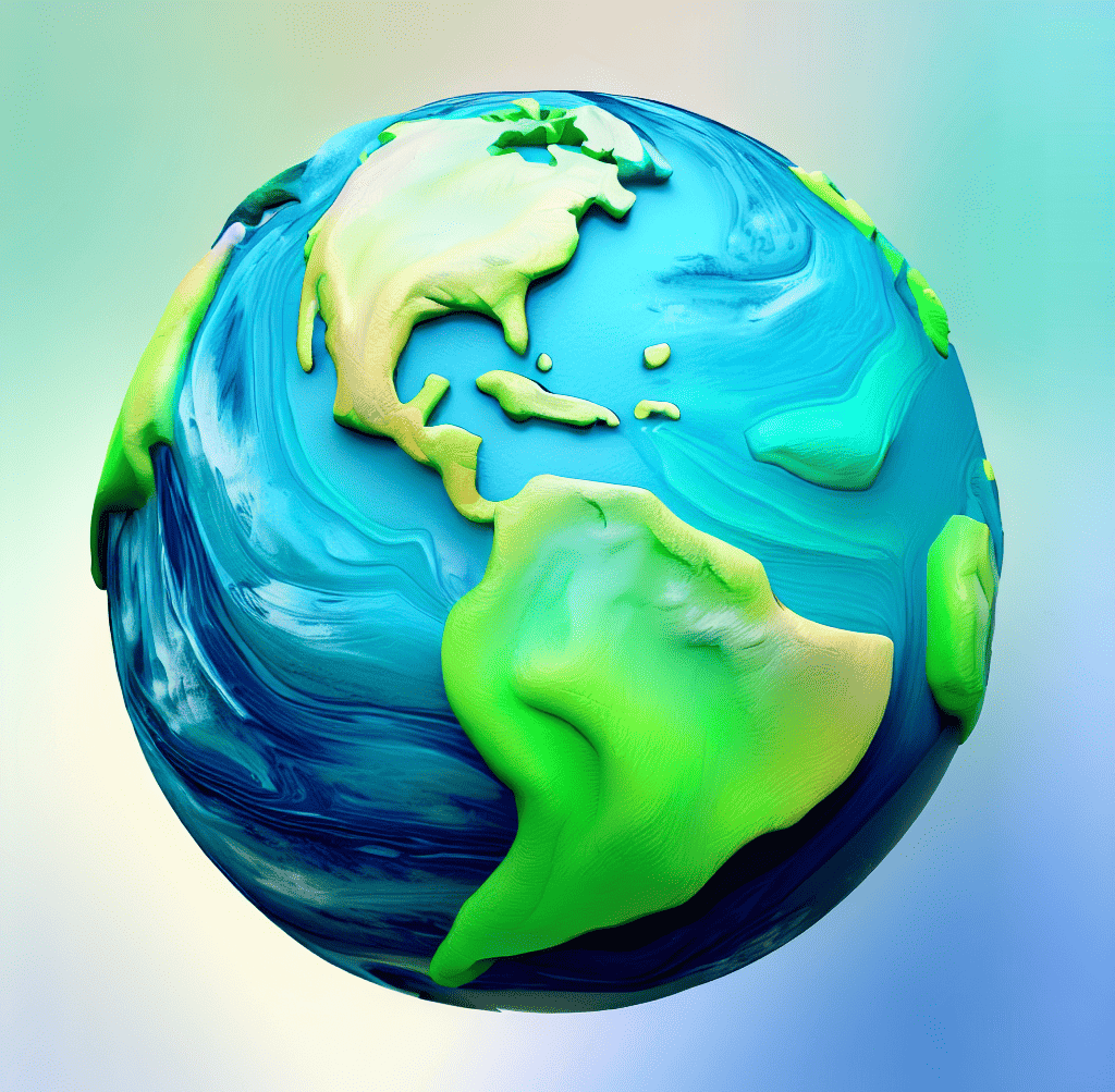 a colorful blue and green realistic earth made of clay showing north and south america, with a light blue sky background, 4k digital art