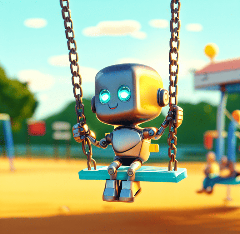 a cute robot playing on the swings at recess in elementary school, 4k digital art