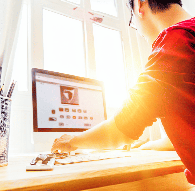 a guy downloading a file on a computer in a sunny bright room as digital art 4k