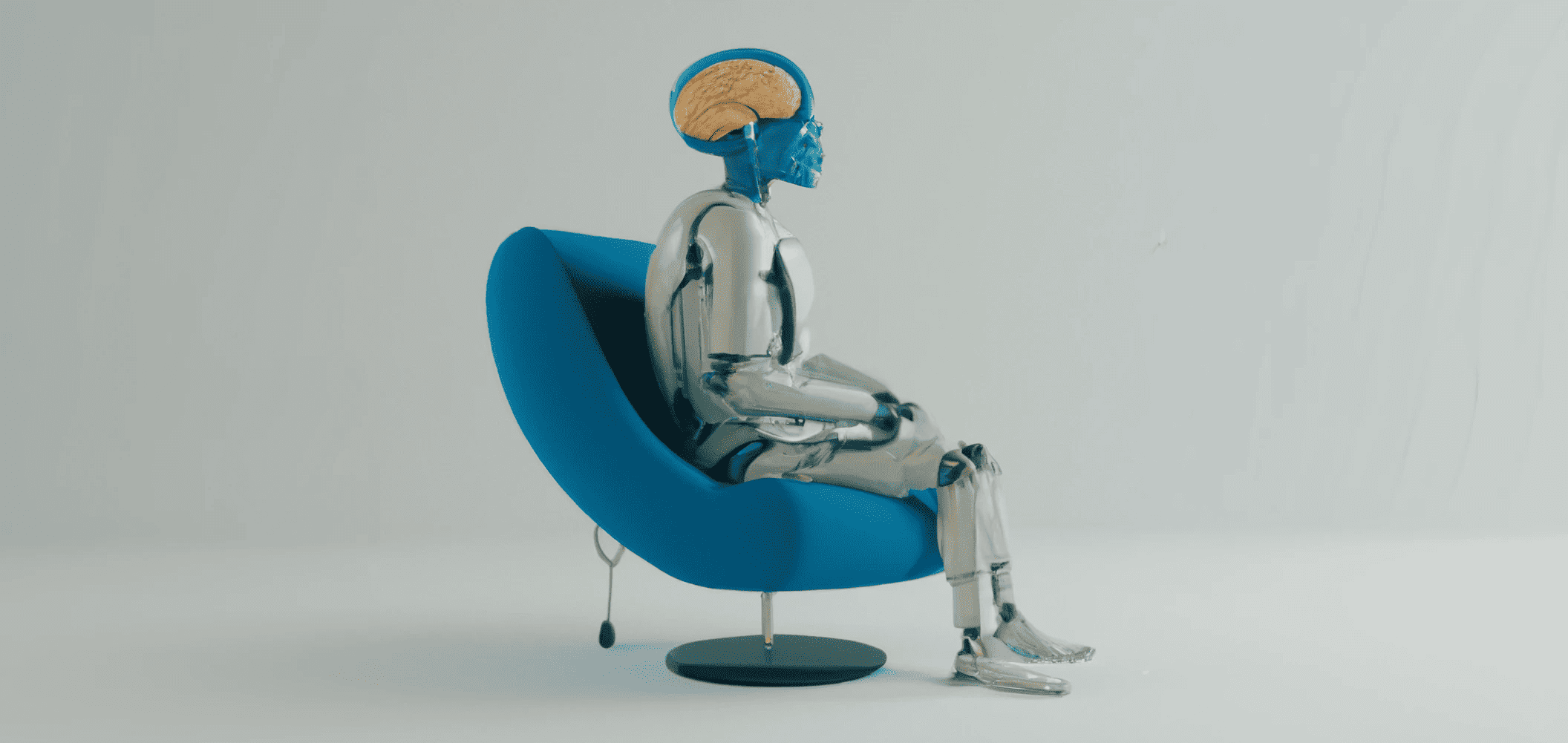 A human brain robot sitting in a chair photorealistic 4k digital art, Generated with DALL-E 2