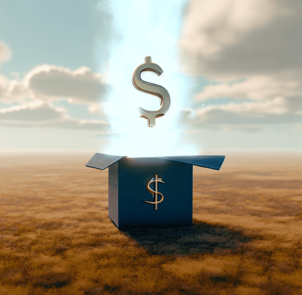 a magic box with a dollar sign floating above it in the middle of the plains 4k photorealistic