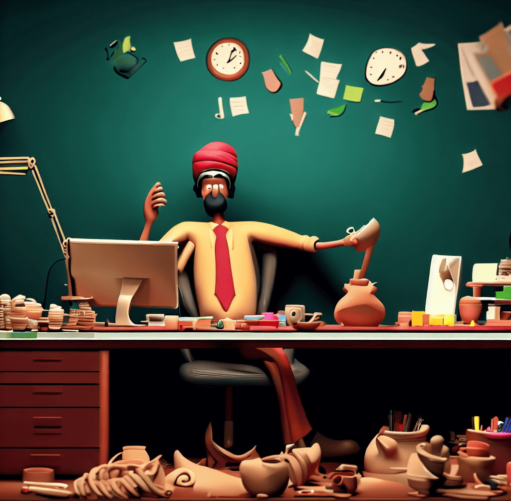 a man sitting at his desk at work, but everything is made of mushy clay like claymation, digital art