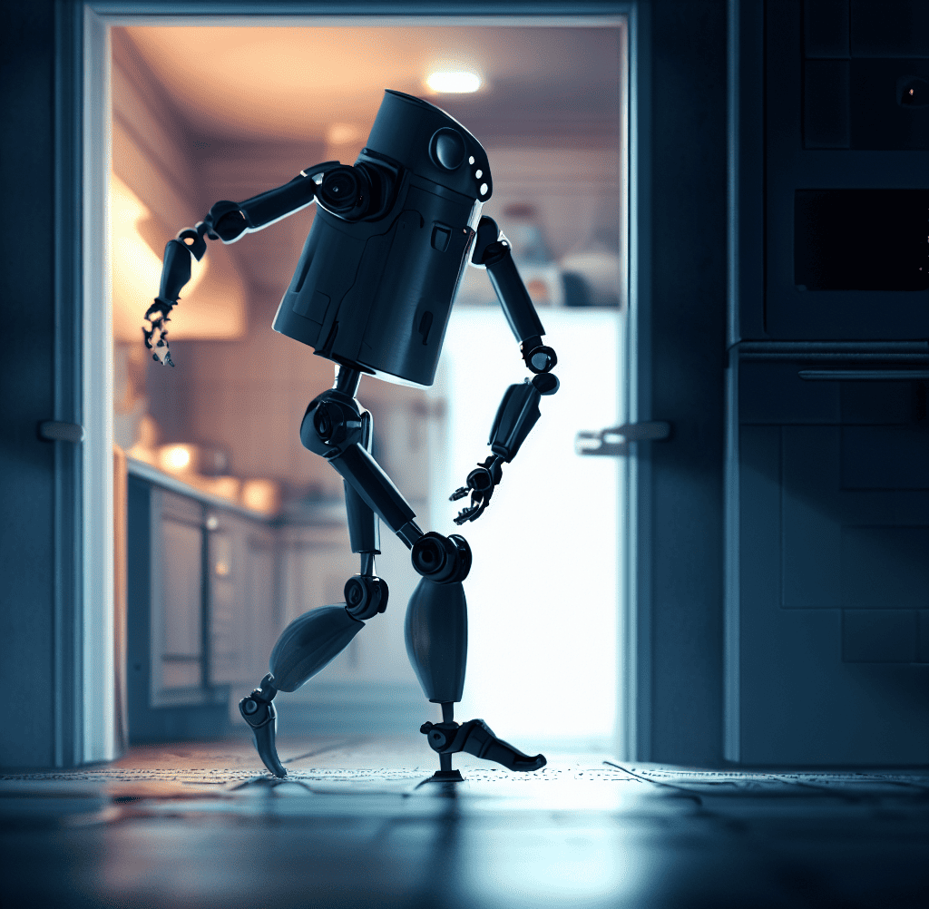 a robot walking on his tippy toes into the kitchen in the middle of the night as 4k digital art