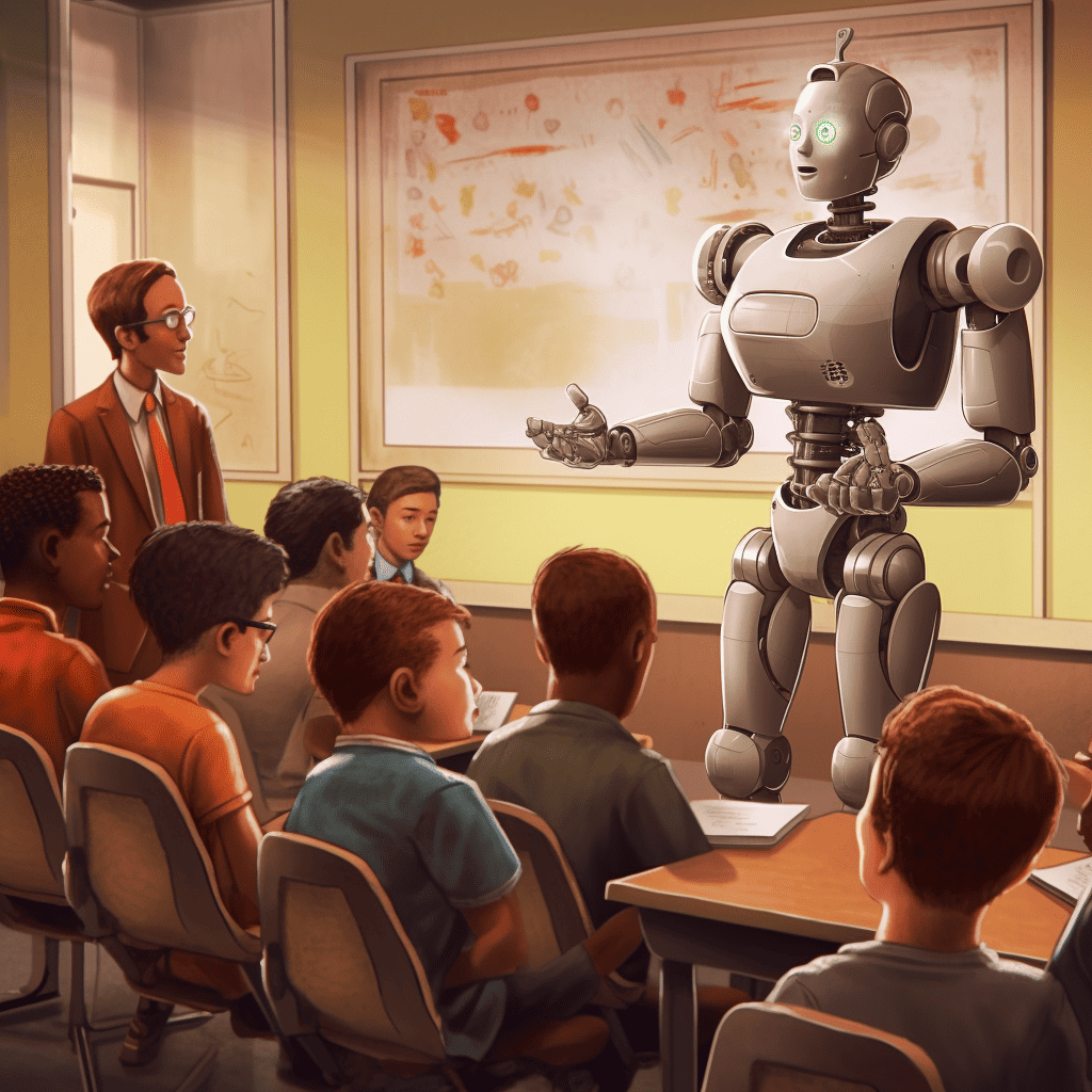 Robot as teacher in a classroom with multicultural students, image by danban of Midjourney