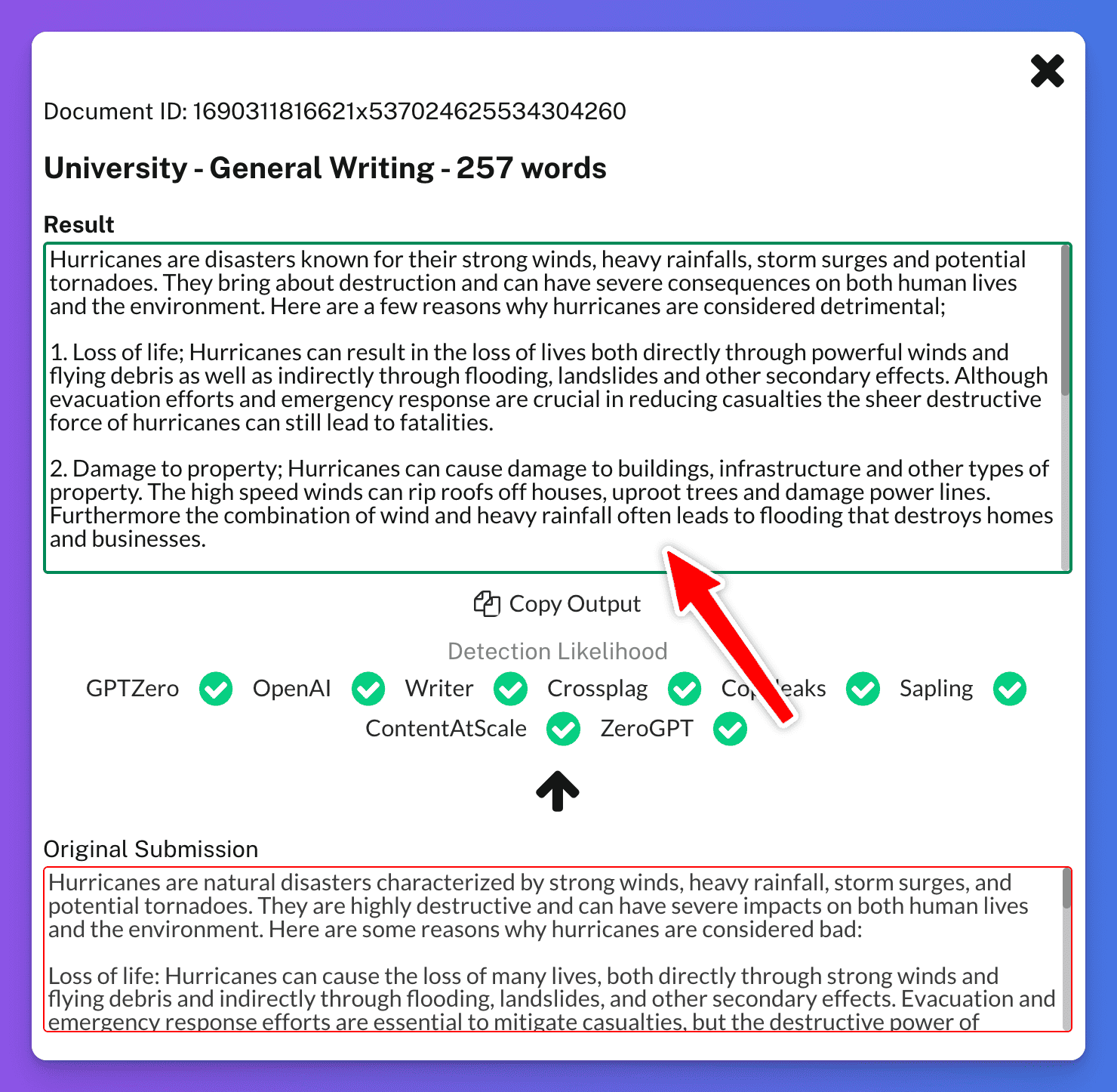 Undetectable.ai Result showing paraphrased text & rewritten paragraph when using the tool