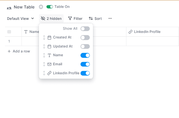 hide columns on Clay table