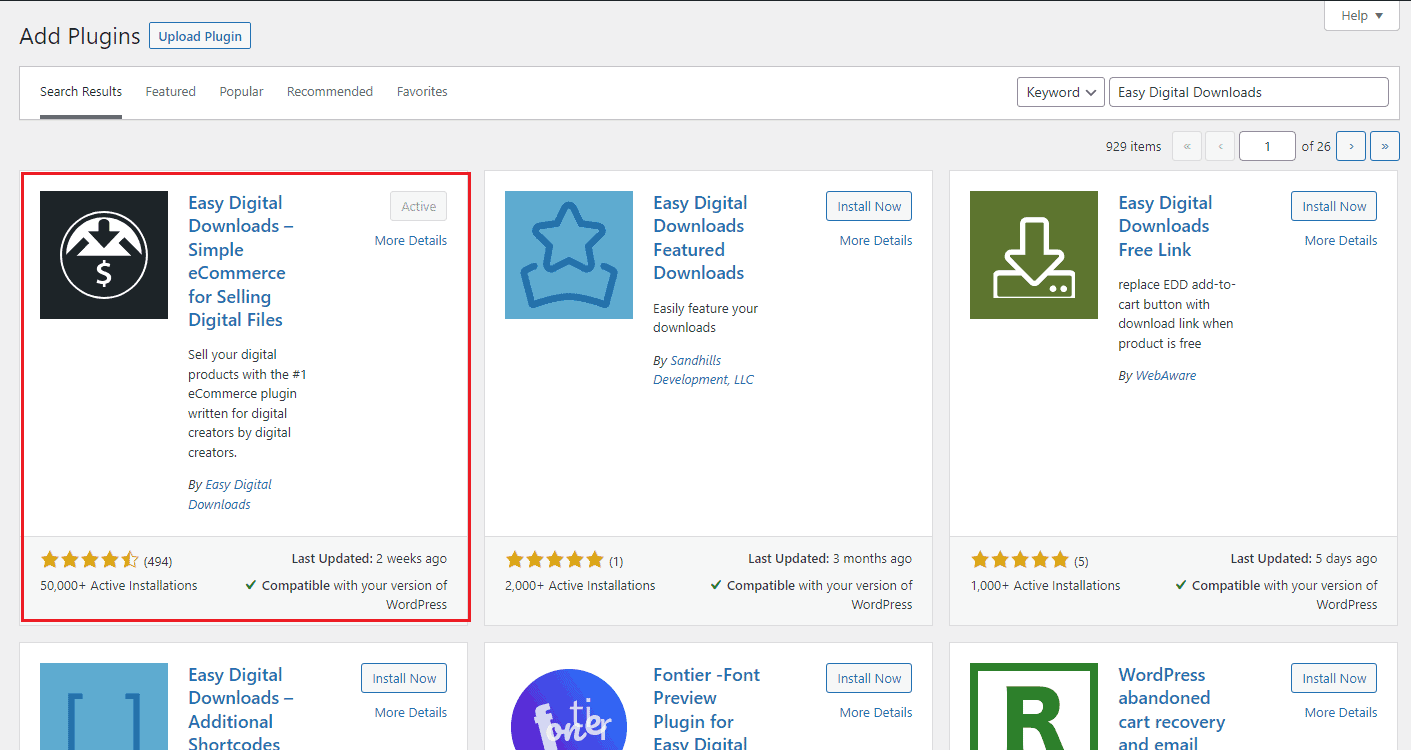 Easy Digital Downloads install plugin