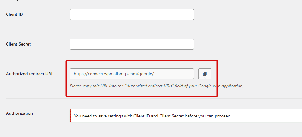 copy redirect URI from WordPress