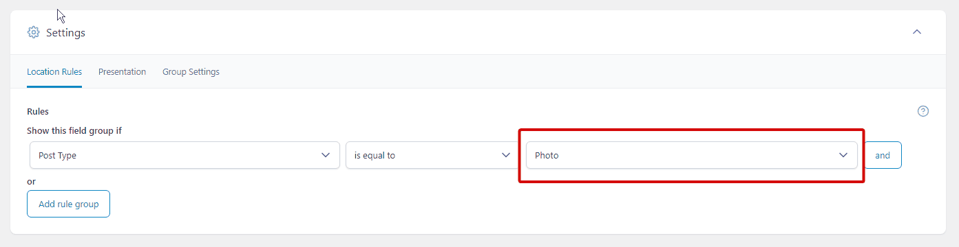 set post type location rules
