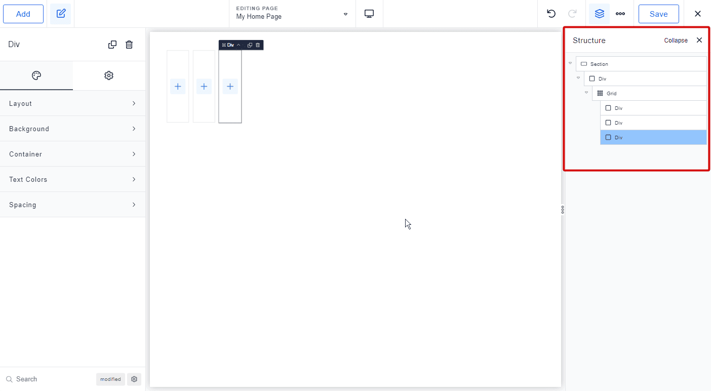 add grids and divs in Breakdance