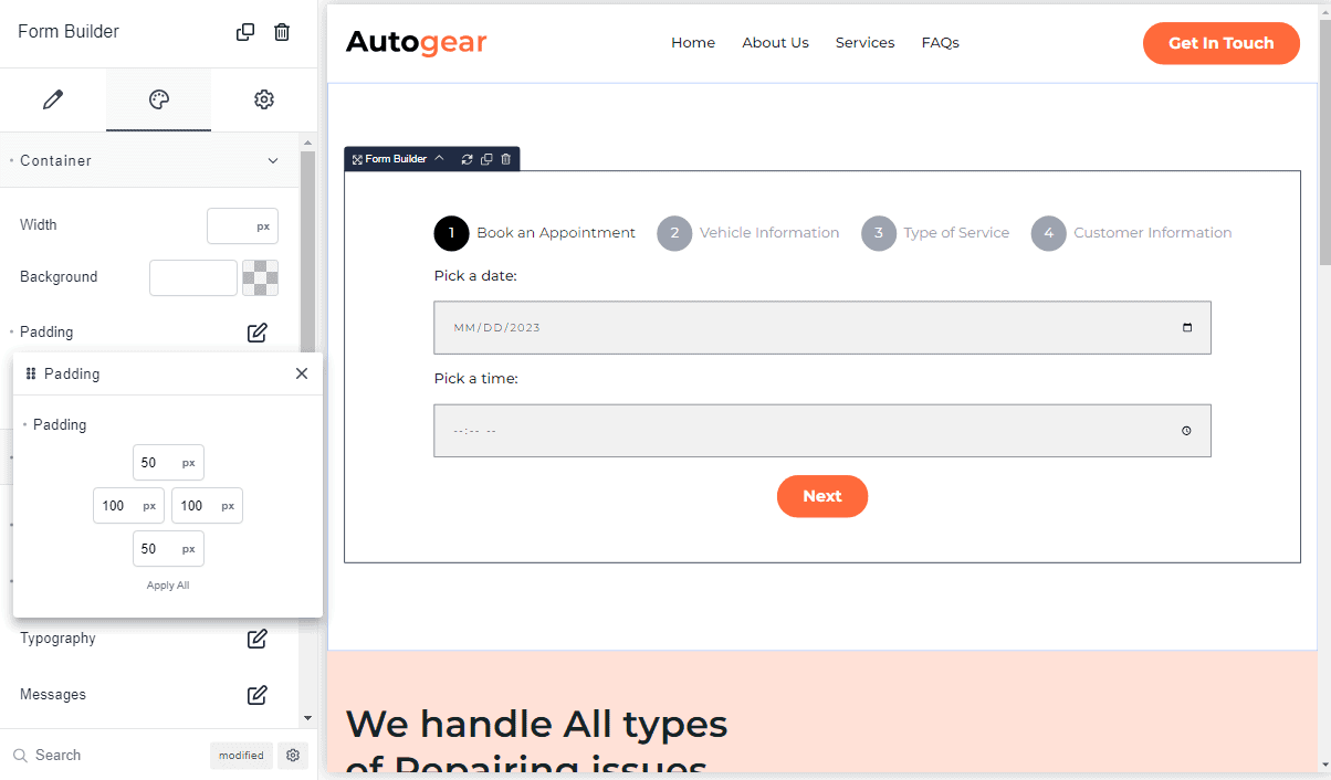 edit form container padding size 