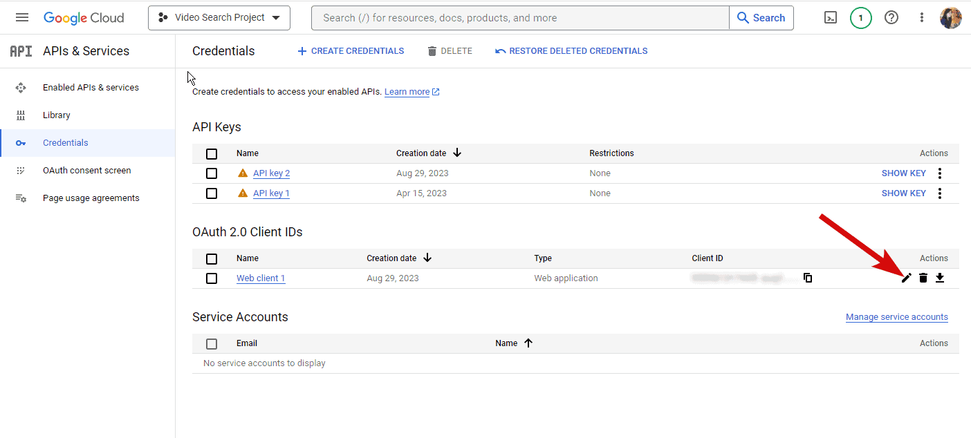 edit web client in Google cloud console