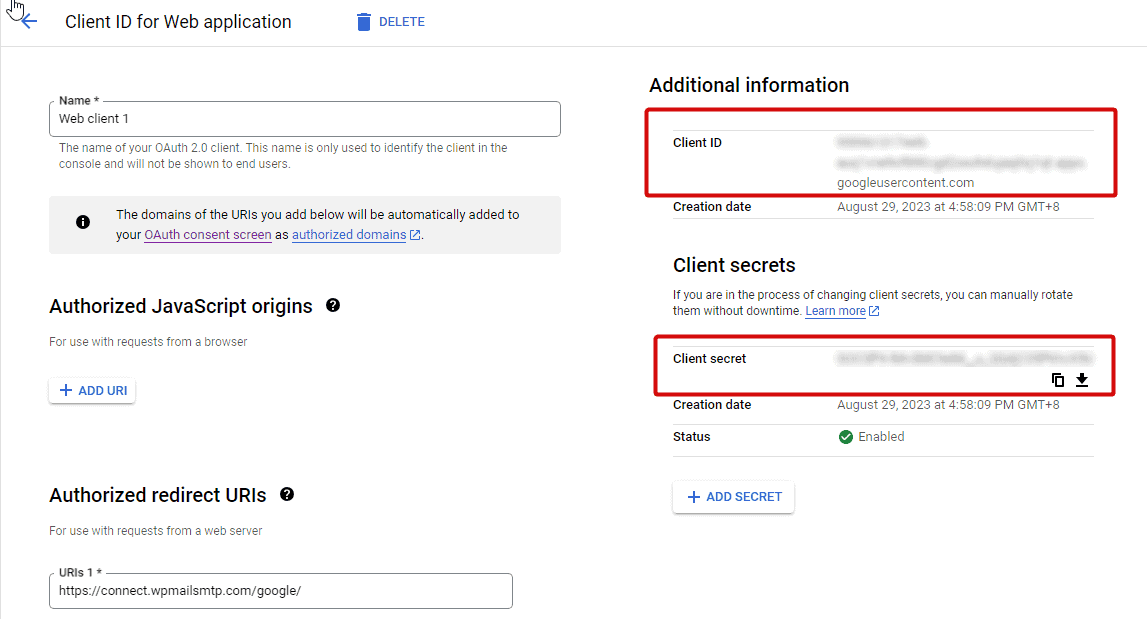 copy Google client and secret codes