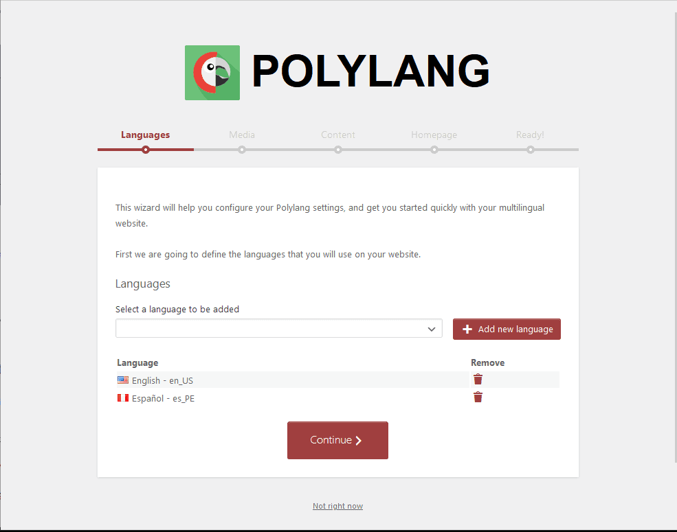 Polylang setup wizard