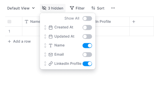hide columns on table