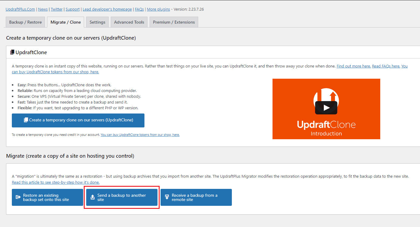 updraft backup setting 