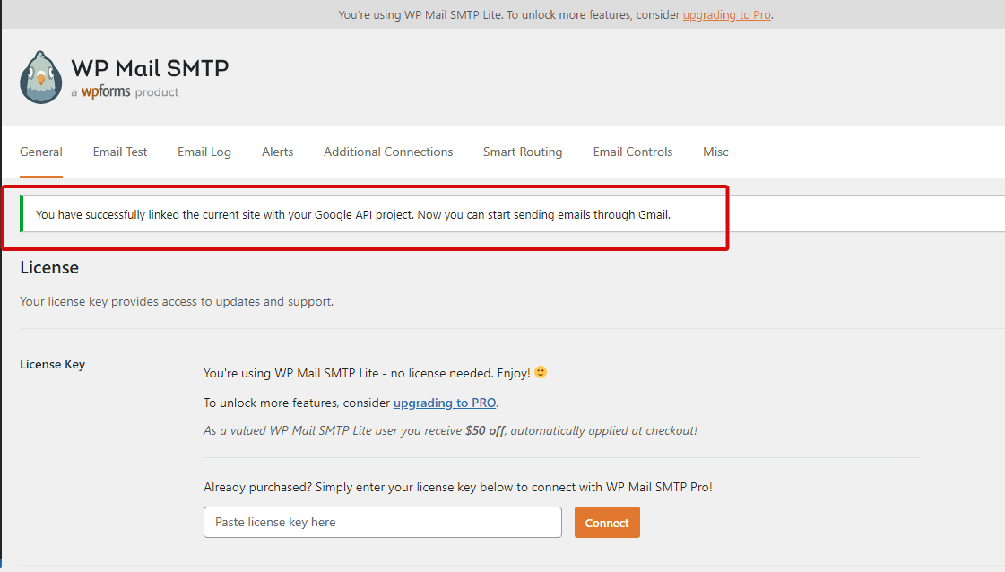 Gmail successfully linked to WordPress