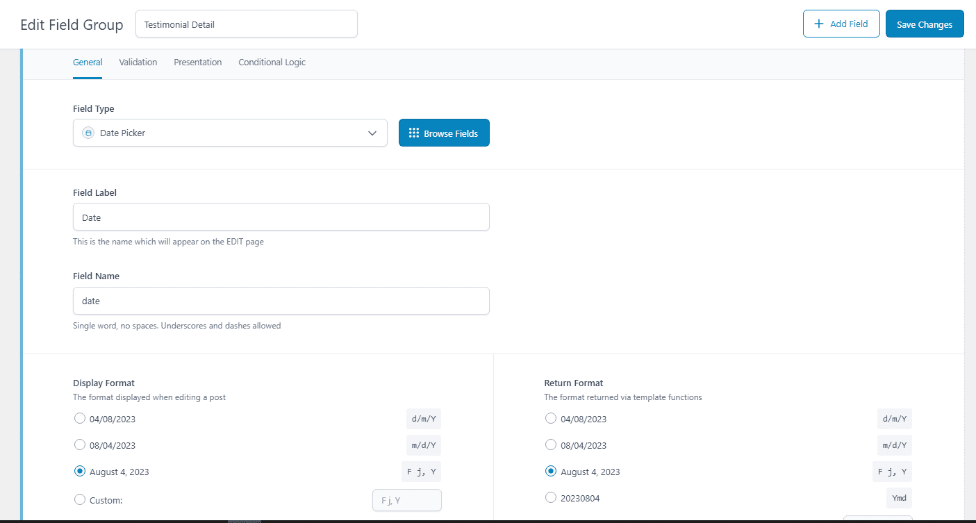 ACF field date picker
