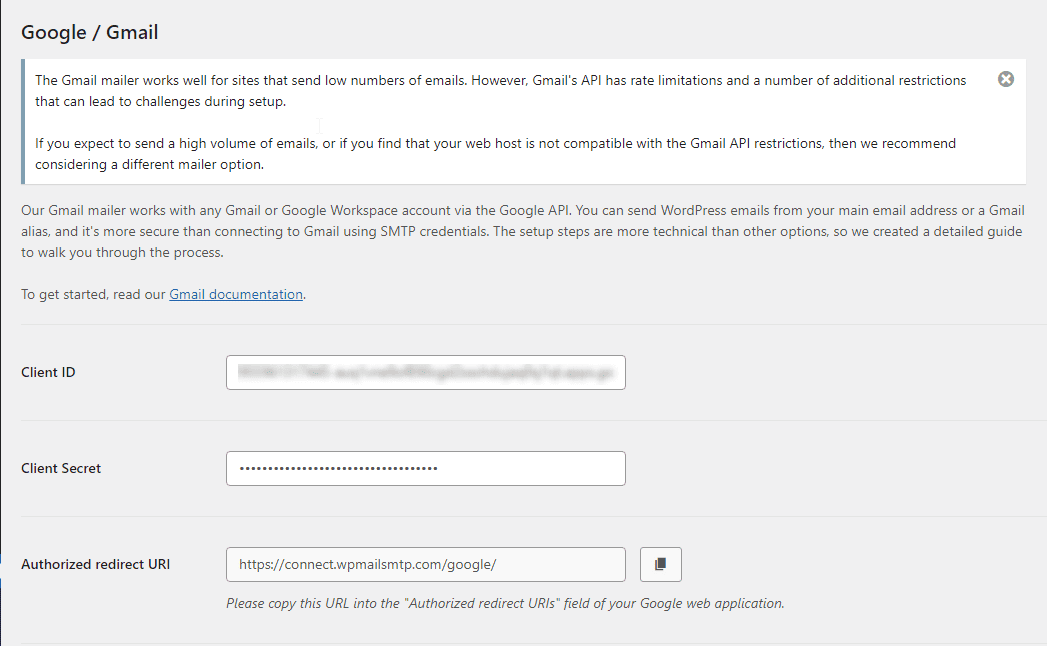 wp mail smtp Google authentication fields