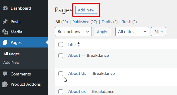 add new page in Breakdance