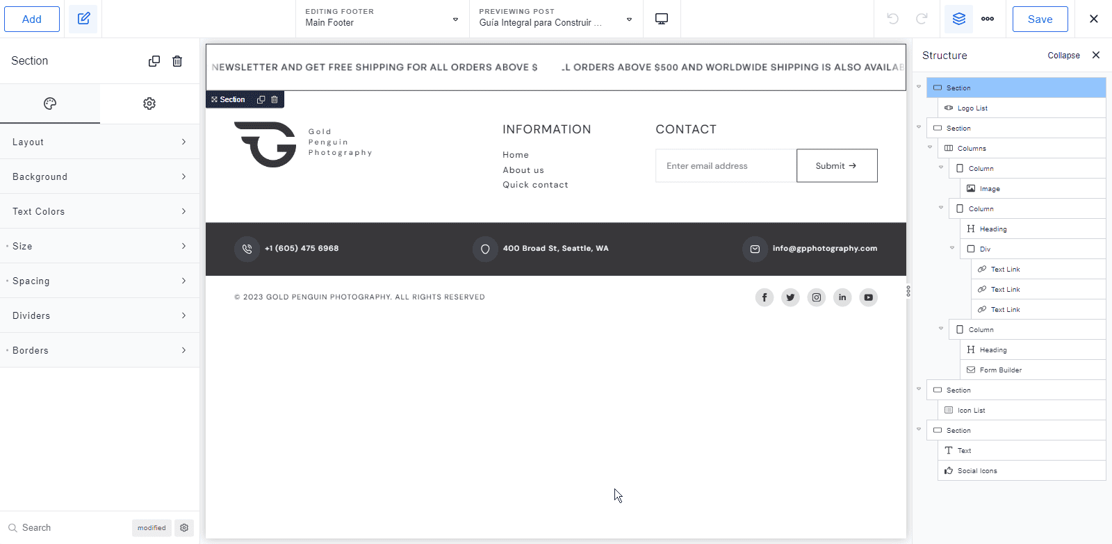 edit footer template in Breakdance