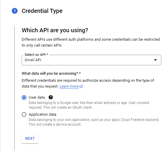 input credential type in Google cloud console
