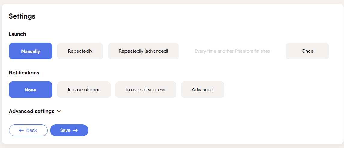 Phantom launch settings